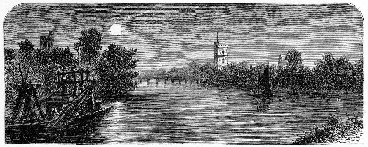 Putney Bridge and Church by Moonlight, 1880 af Robert Taylor Pritchett