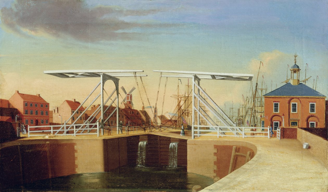 An East View of the Bridge and New Dock at Kingston upon Hull (olie på lærred) af Robert Thew