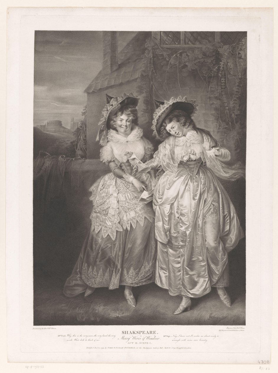 Mrs Ford og Mrs Page med John Falstaffs kærlighedsbrev Shakspeare, Merry Wives of Windsor (titel på objekt) Tryk efter malerier fra Boydell