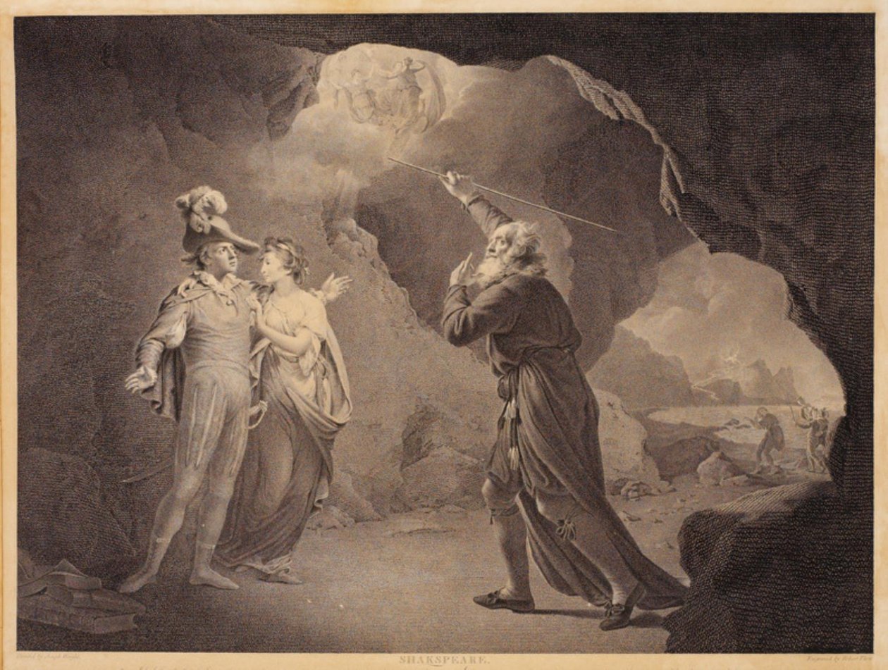Prospero, Ferdinand og Miranda. Fra William Shakespeares "The Storm", 4. akt, scene 1 af Robert Thew