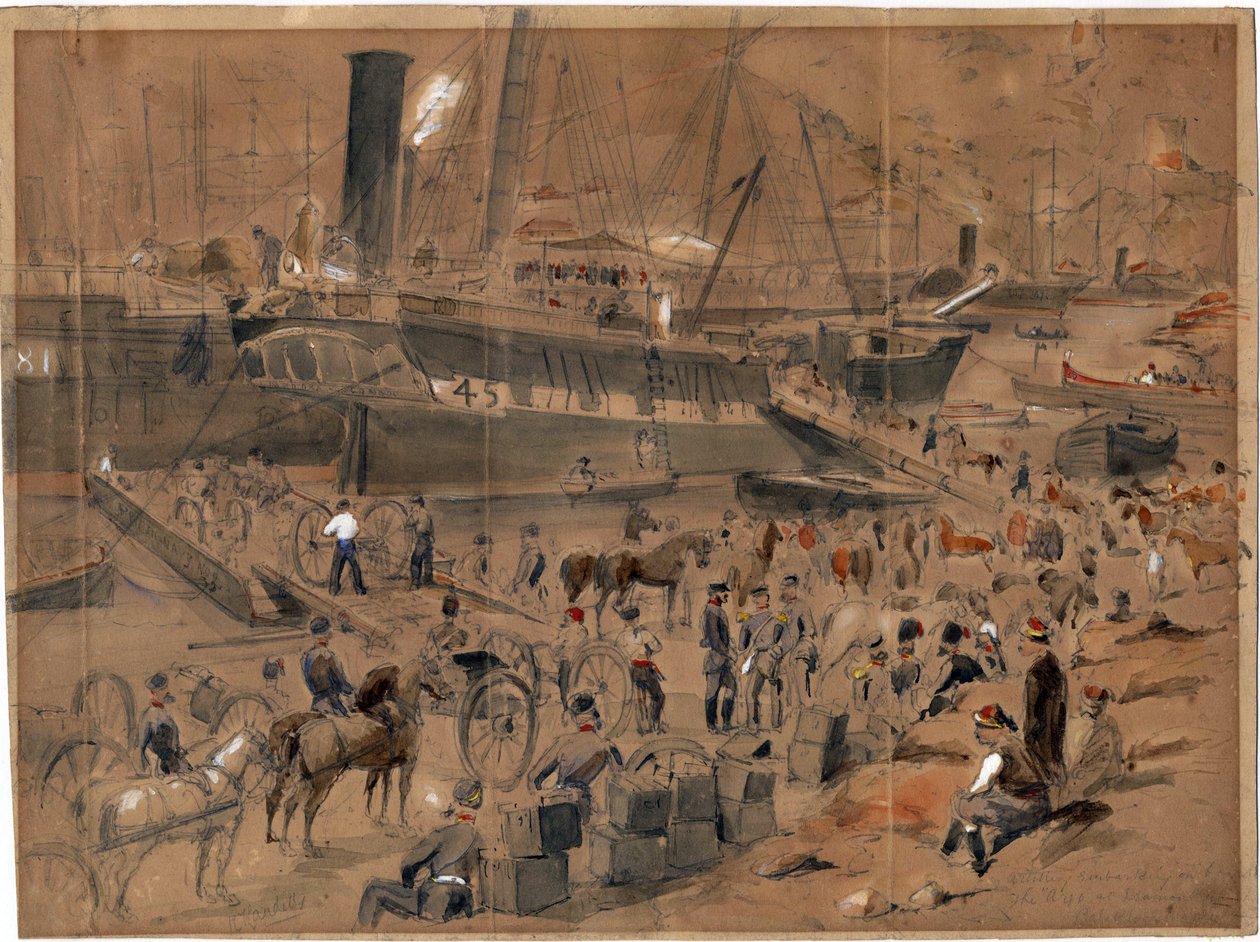 Artilleri går om bord på Argo, ved Balaklava, maj 1856 - Artilleri går om bord på Argo. Balaclava, maj 1856 af Landells, Robert Thomas (1833-1877) af Robert Thomas Landells