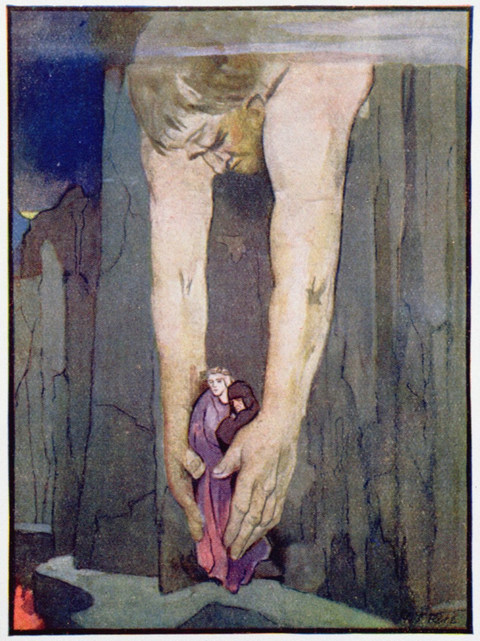 Antaeus sætter Virgil og Dante ned i Helvedes sidste cirkel, ca. 1910 (farve litho) af Robert Traill Rose