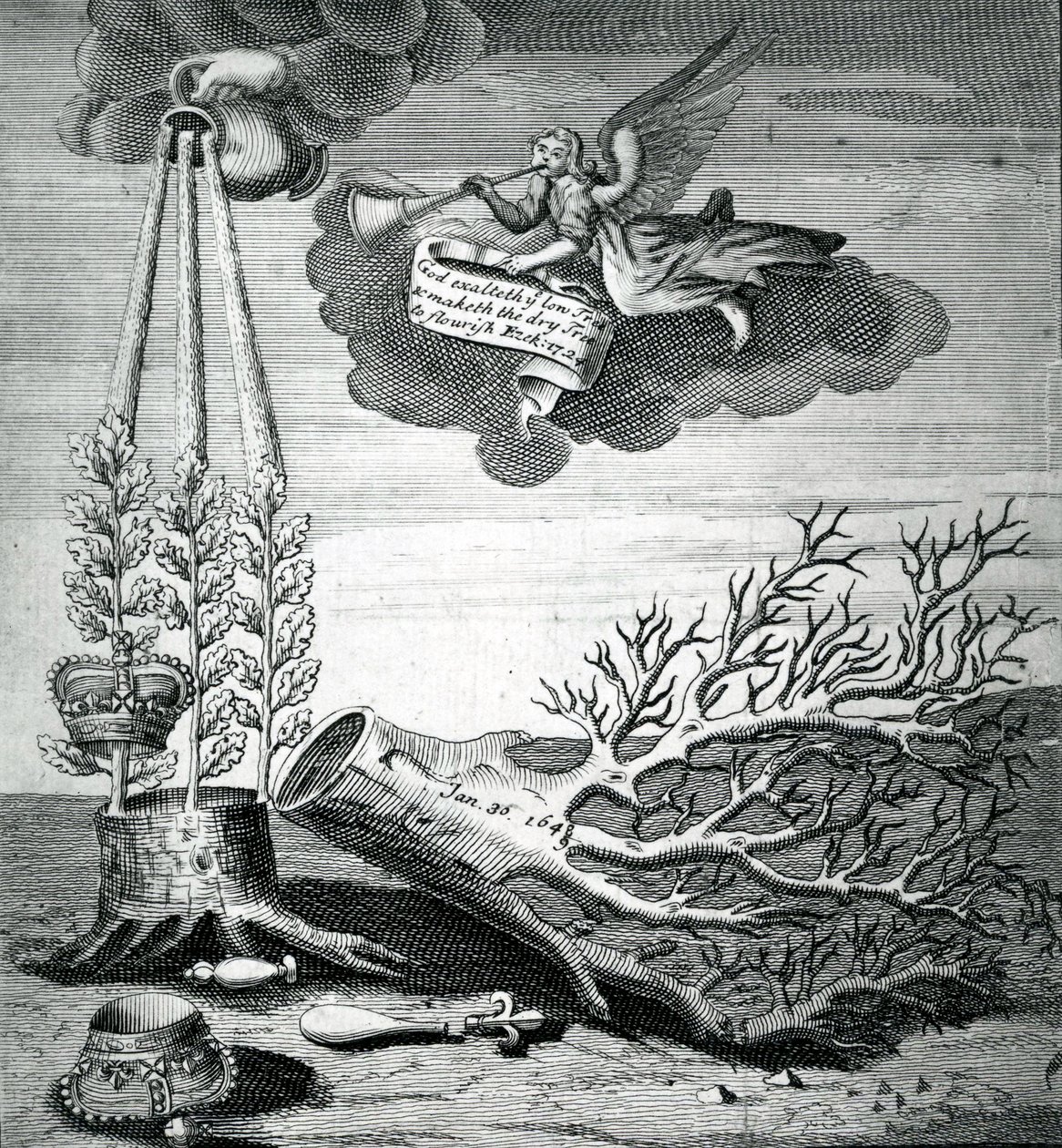 Emblematisk tryk, der henviser til henrettelsen af Charles I og Stuart-følgen, 1715 af Robert Vaughan