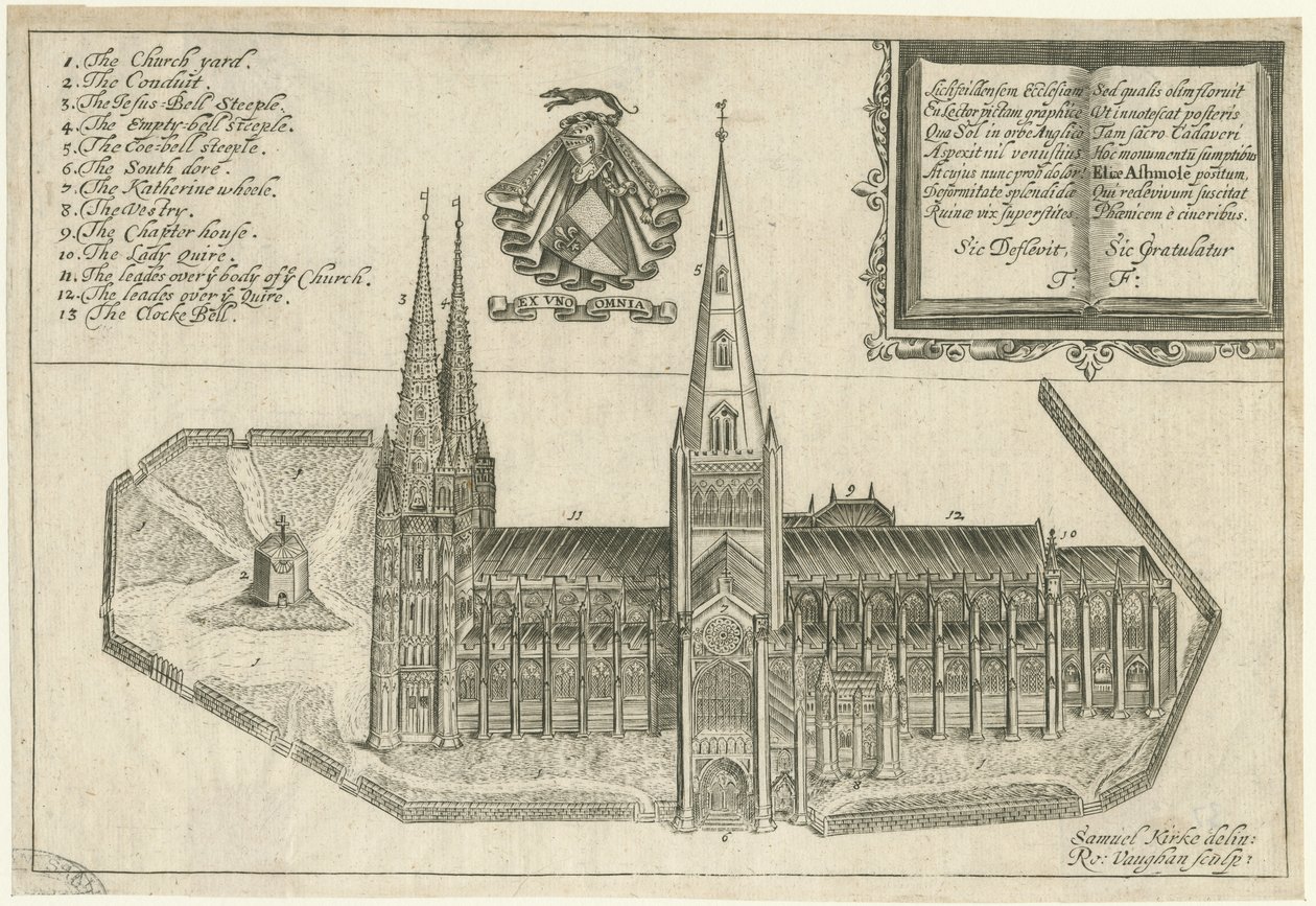 Lichfield Cathedral - South View: kobberpladegravering og [1600-tallet] af Robert Vaughan