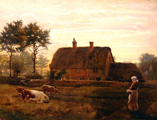 Kvæg græsser ved et stråtækt sommerhus ved solnedgang af Robert Walker Macbeth