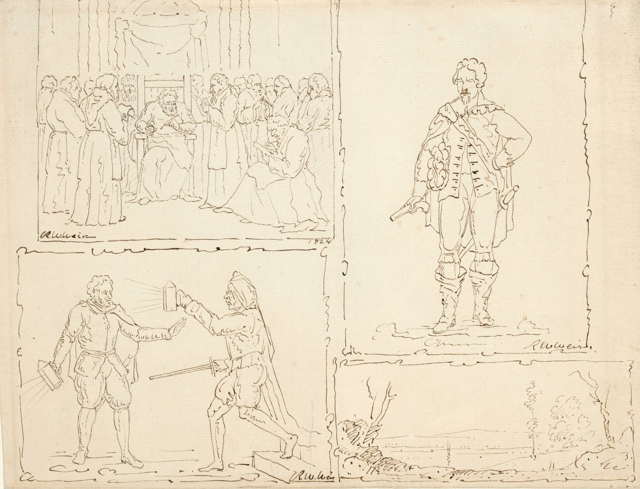 Fire skitser, 1824 (pen og brunt blæk på bleget papir) af Robert Walter Weir