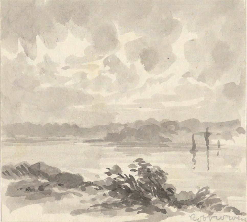 Landskab - Udsigt over en sø og bakker af Robert Walter Weir