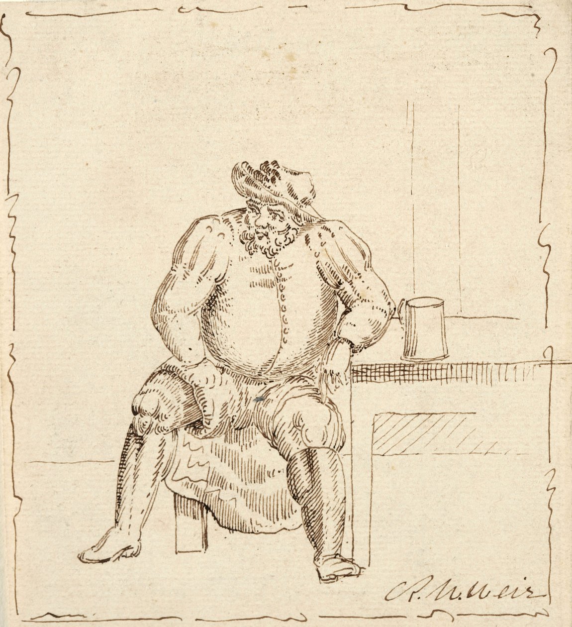 Skitse af siddende mand med krus, muligvis Falstaff af Robert Walter Weir