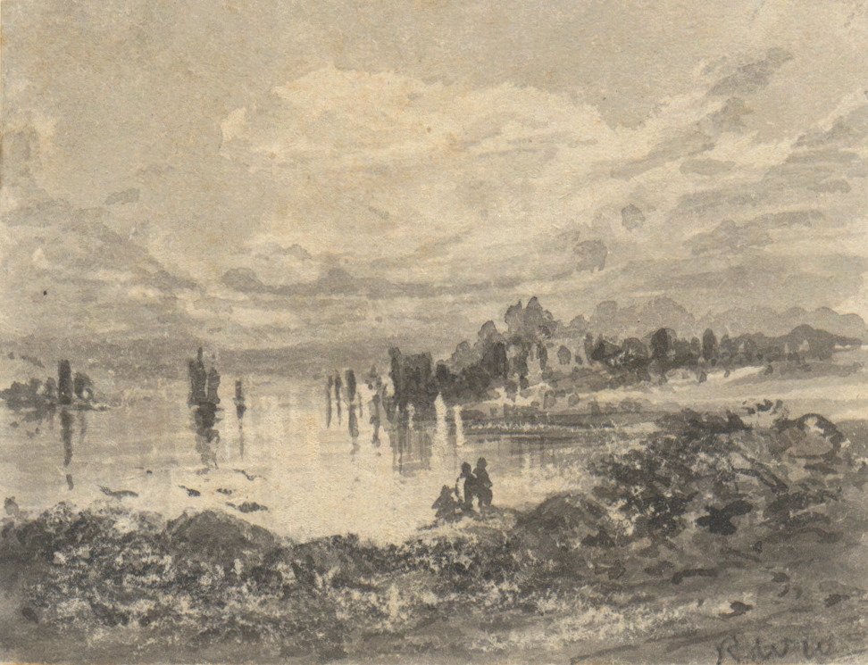 Udsigt over søen og bjergene med figurer af Robert Walter Weir