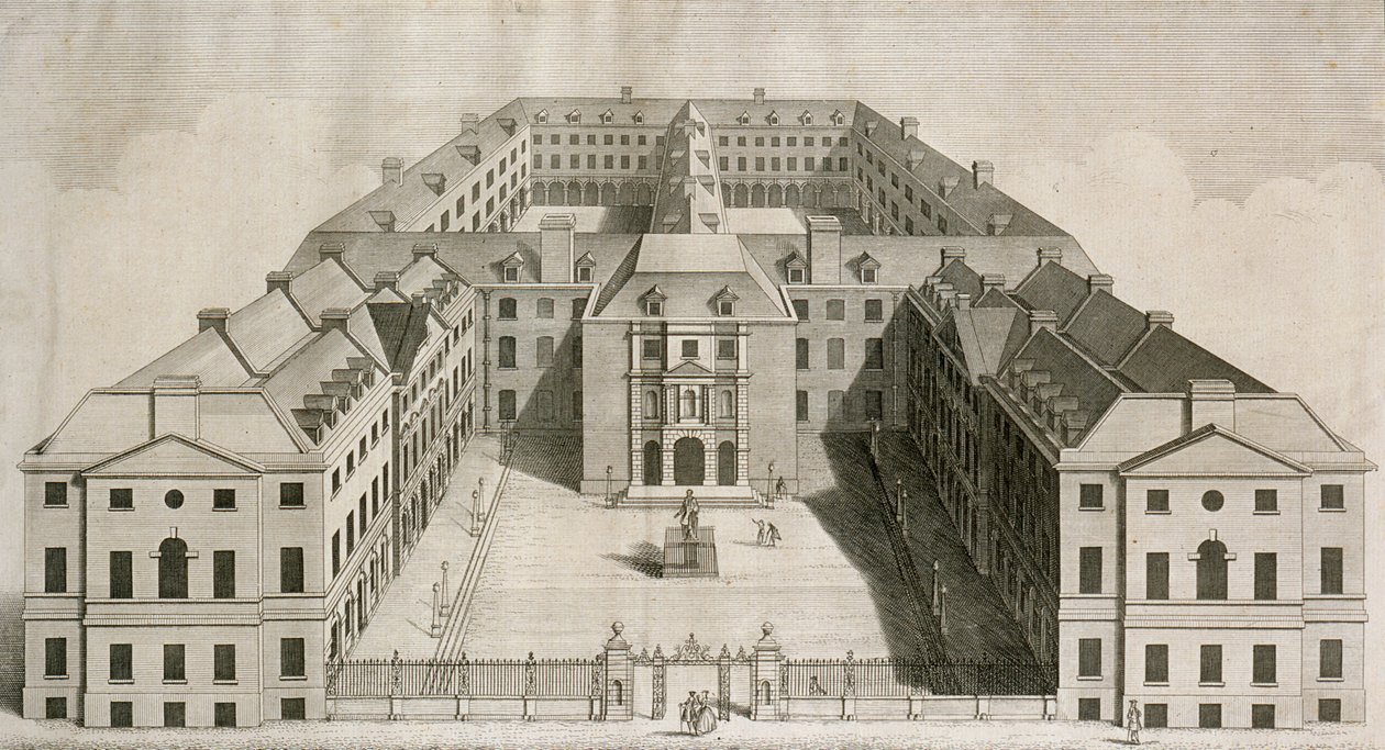 Fugleperspektiv af Guys Hospital, Southwark, med figurer i gården, indgraveret af William Henry Toms, ca. 1756 af Robert West