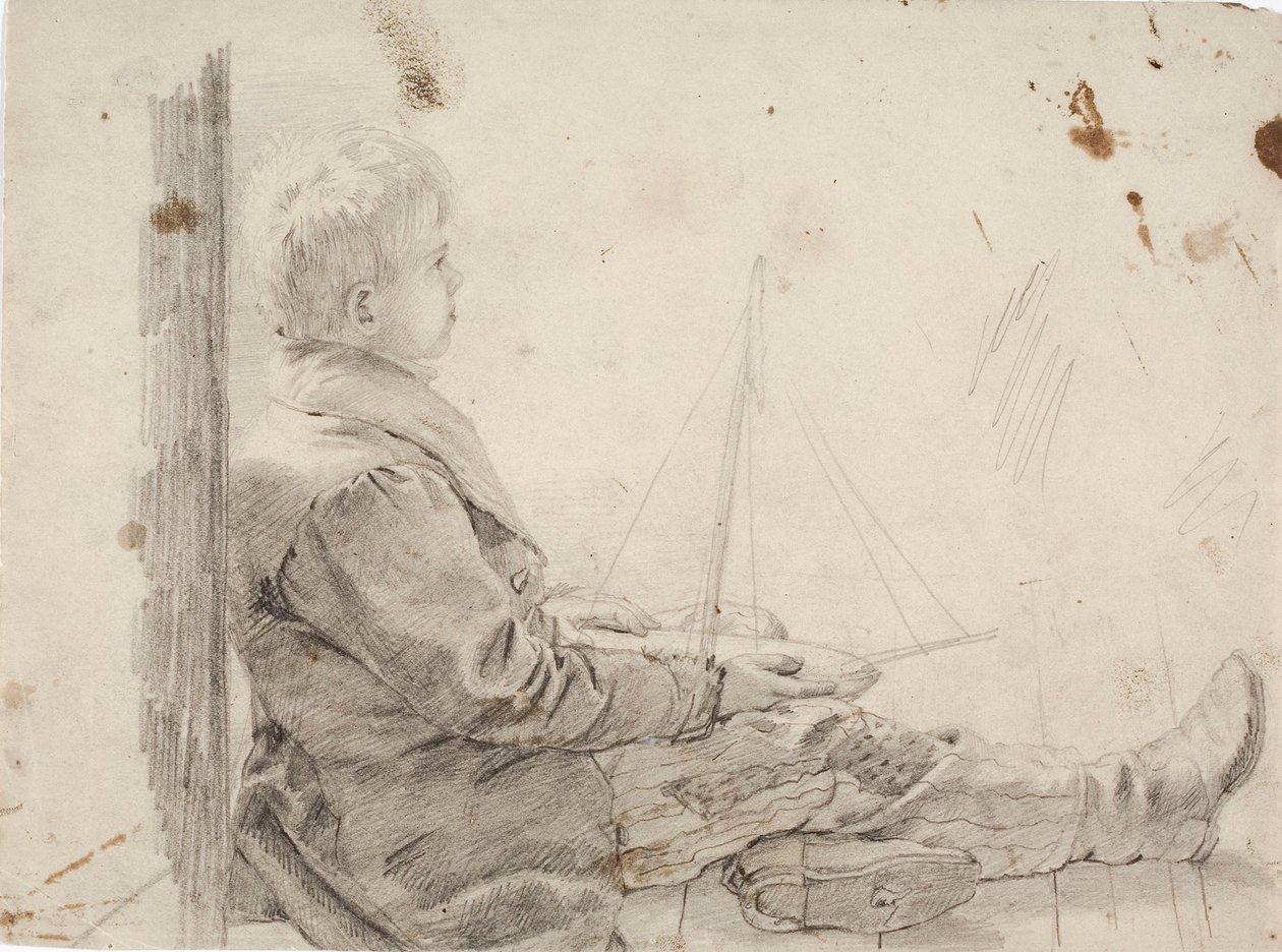 Siddende dreng med en sejlbåd på skødet af Robert Wilhelm Ekman