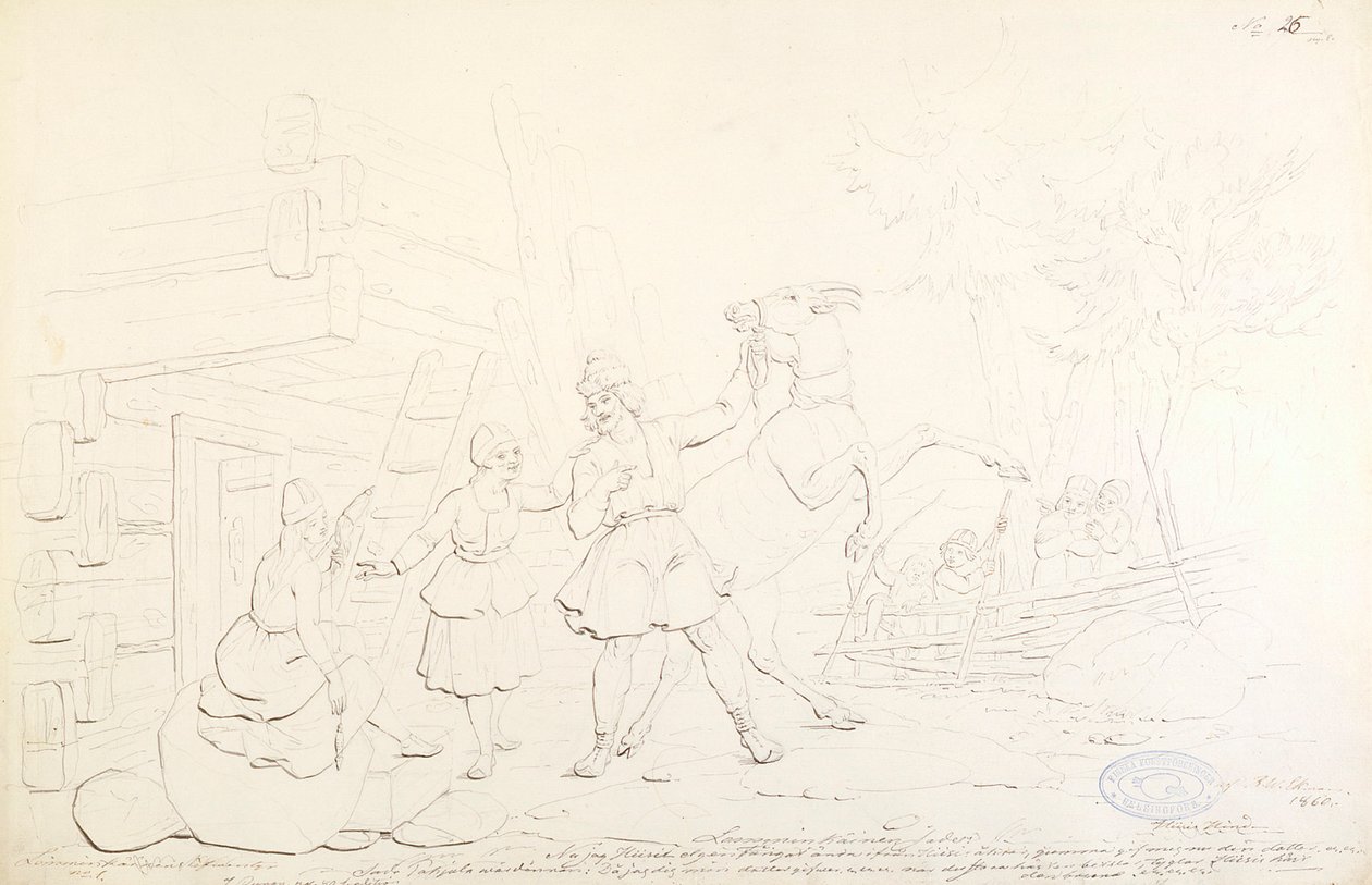 Lemminkäinen og Hiiden Hirvi ; Originaltegning til serien "Kalewala, Finsk National-dikt, framställd i teckningar af R.W.Ekman" af Robert Wilhelm Ekman