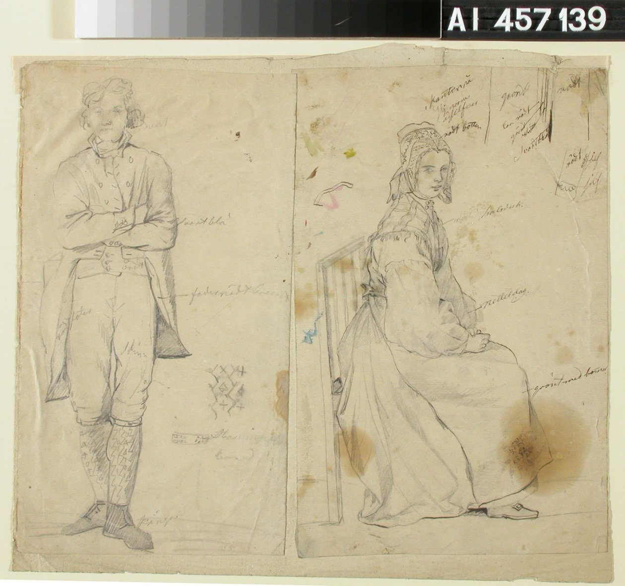 Mand med hænderne i vejret og kvinde i nationaldragt af Robert Wilhelm Ekman