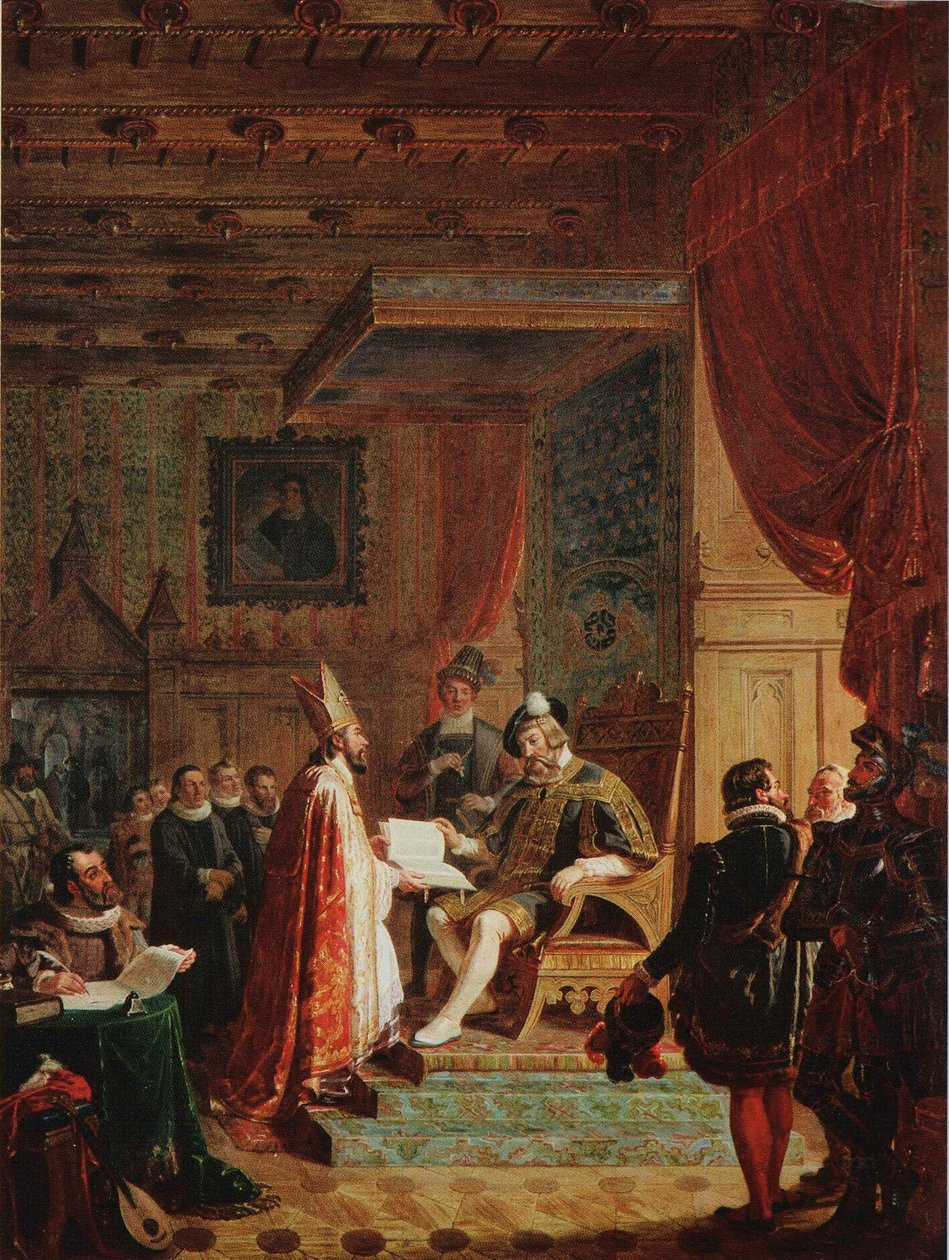Mikael Agricola overdrager finsk oversættelse af Det Nye Testamente til kong Gustav Wasa af Robert Wilhelm Ekman