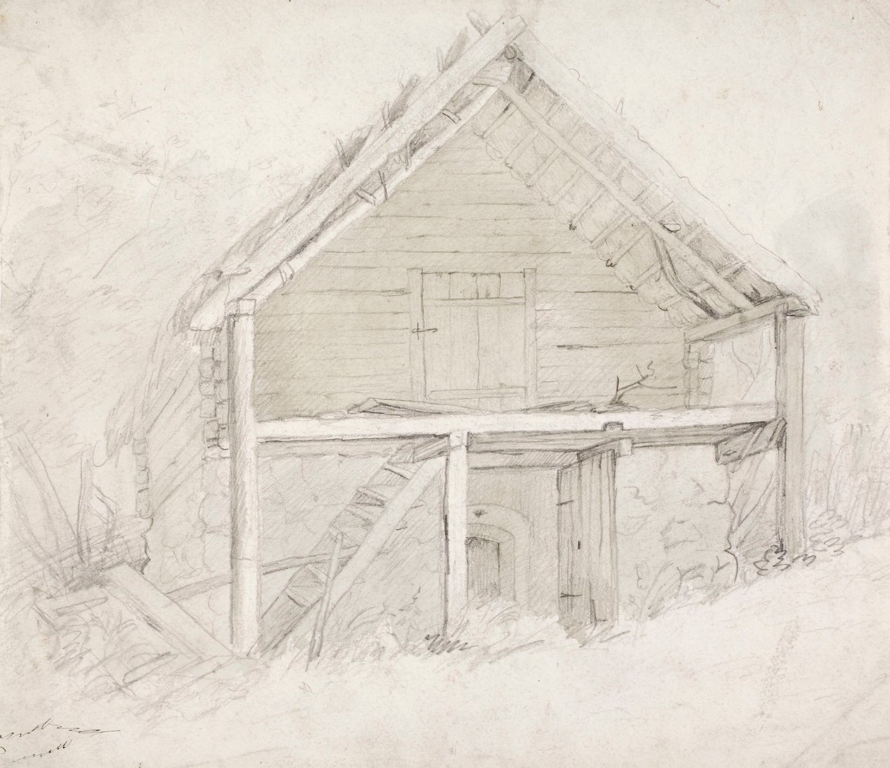 Enden af en sovesal med stråtag og stengulv af Robert Wilhelm Ekman