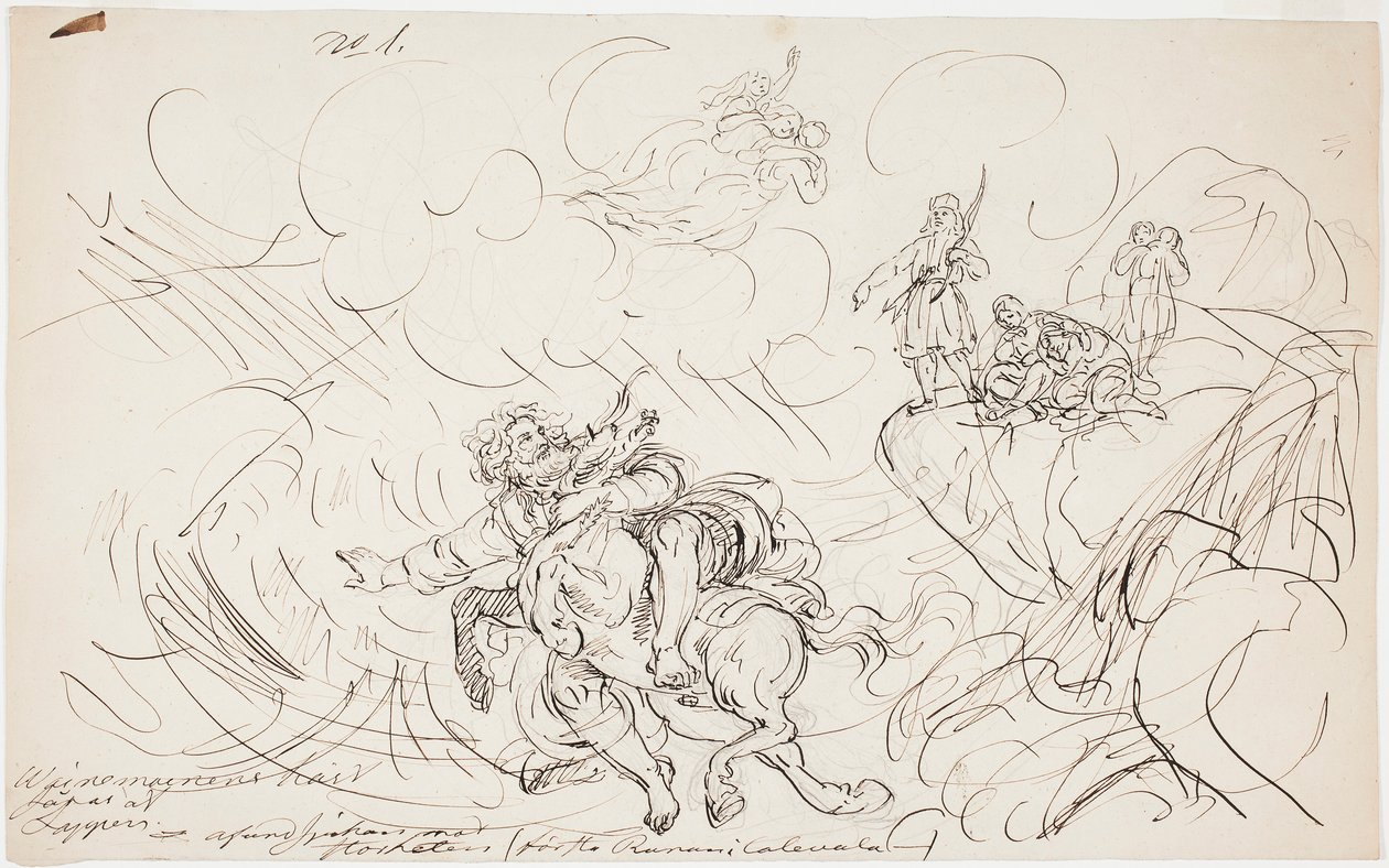 Skydningen af Väinämöinen, skitse til en tegningsserie med Kalevala-tema af Robert Wilhelm Ekman