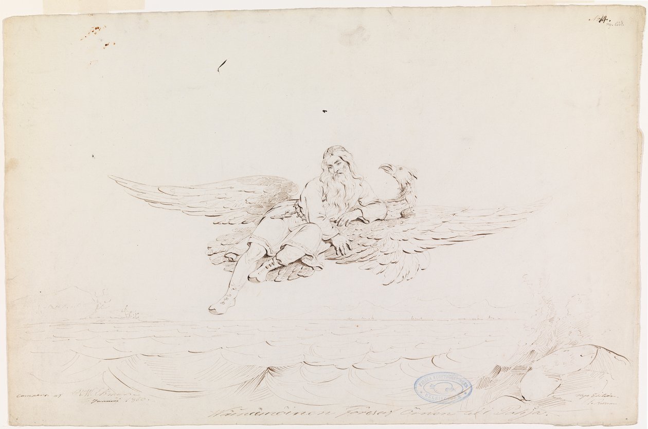 Väinämöinen båret af en ørn ; Originaltegning til "Kalewala, Finnish National poem, presented in drawings by R.W.Ekman" af Robert Wilhelm Ekman