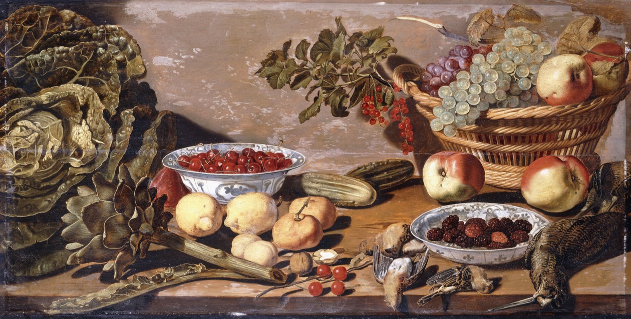 Skåle med kirsebær og brombær, en kurv med druer, æbler og ribs, en kål, artiskok, citroner, gerkins nødder, anden frugt, død snebe og drosler på et bord af Robert Willemsz de Baudous