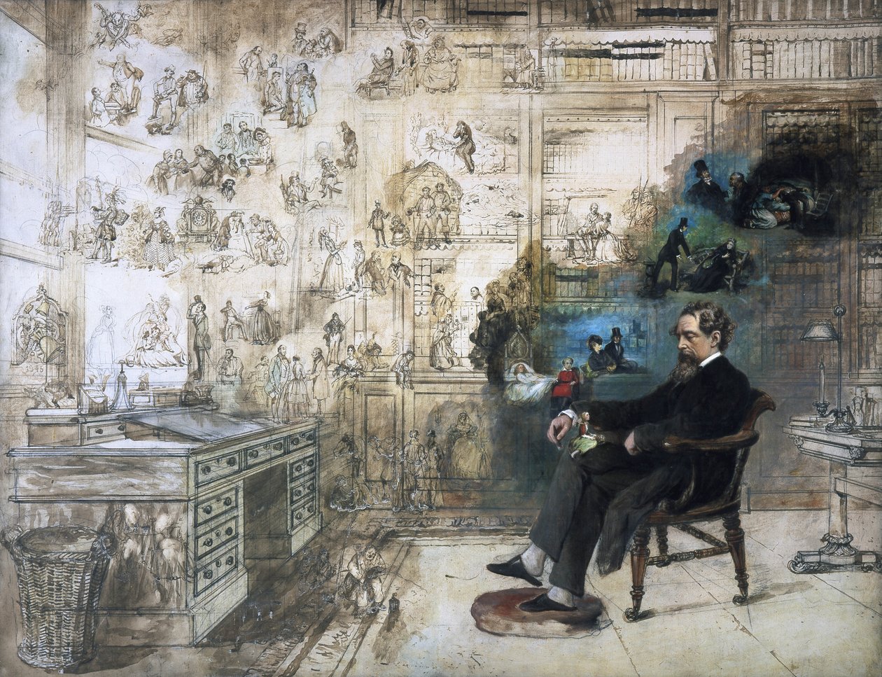 Et posthumt portræt af Dickens og hans karakterer; Dickens drøm, 1875 af Robert William Buss