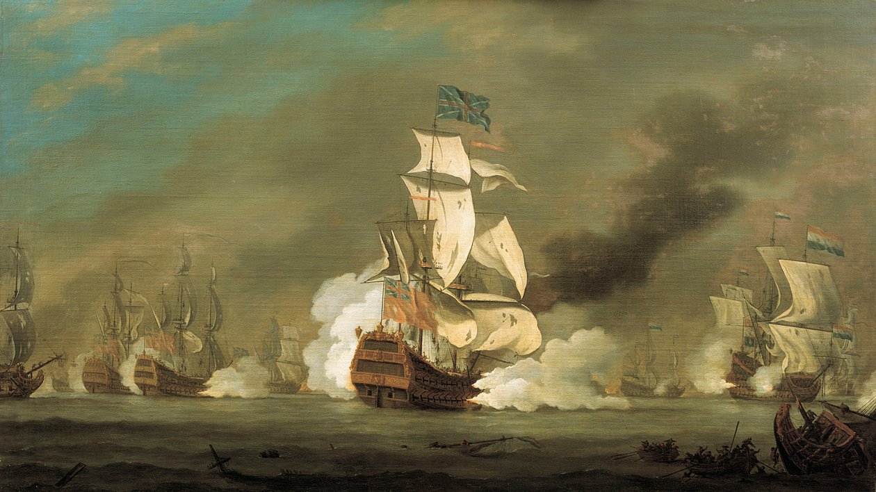 Et slag mellem engelske og hollandske skibe, begyndelsen af det 18. århundrede (olie på lærred) af Robert Woodcock