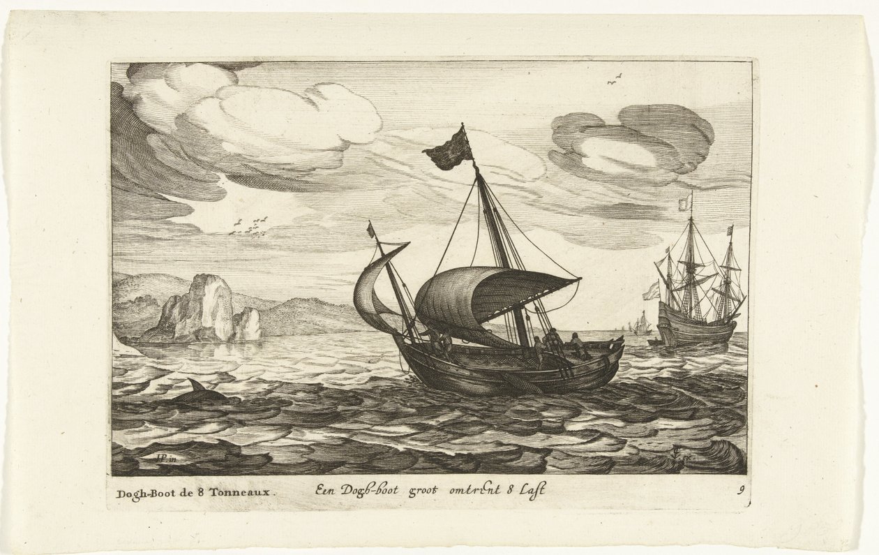 Dogger af hundestøvle Een Dogh-boot groot om 8 Last / Dogh-Boot de 8 Tonneaux (titel på objekt) Hollandse scheepstypen, 1627 (serietitel) Forskellige skibe Don ton se sert dans les Unies Provinces / Ikoner af forskellige hollandske skibe, hvis brug er maxi af Robert de Baudous (possibly)