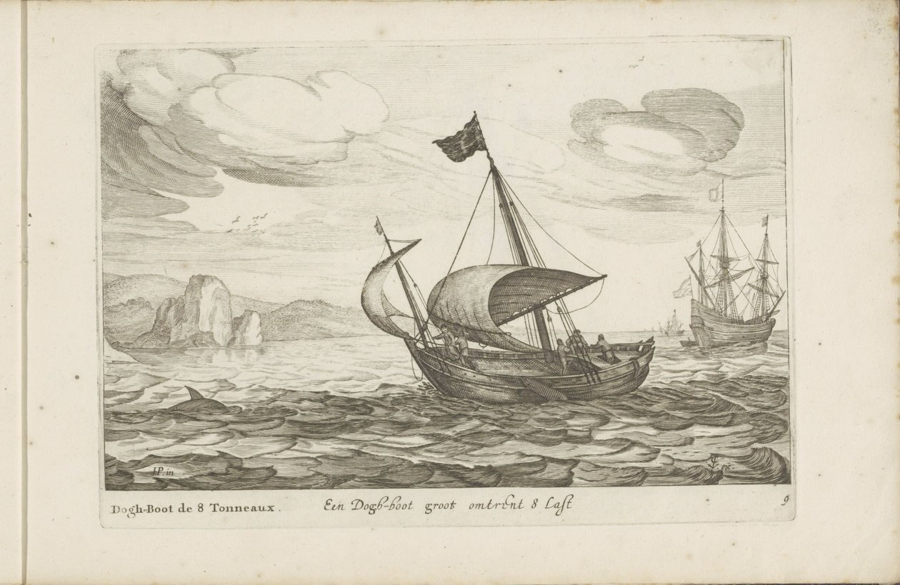 Dogger af hundestøvle Een Dogh-boot groot om 8 Last / Dogh-Boot de 8 Tonneaux (titel på objekt) Forskellige skibe ikke på se sert dans les Provinces Unies / Ikoner af forskellige hollandske skibe, hvis brug hovedsageligt er i de indre farvande i regionen af Robert de Baudous (possibly)