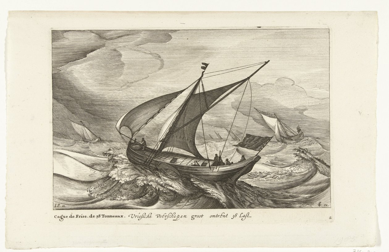 Frisiske færger Vriesche færgeskibe store omkring 38 Last / Cague de Frise. The 38 Tonneaux (titel på objekt) Hollandske skibstyper, 1627 (serietitel) Diverse Navires Don to se sert dans les Provinces Unies / Icones Variarum Navium Hollandicarum af Robert de Baudous (possibly)