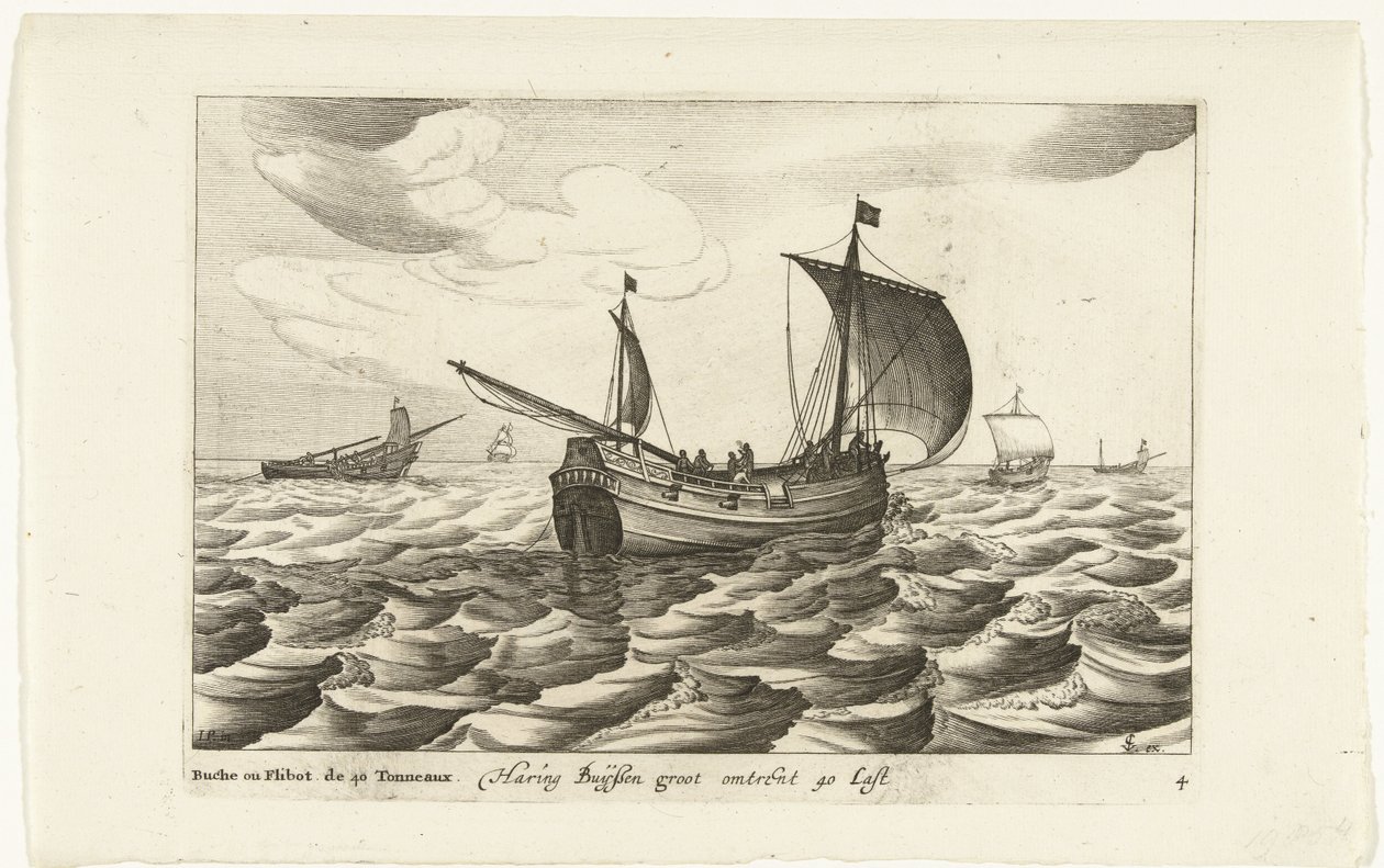 Haringbuizen Haring Buyssen groot omkring 40 Last / Buche ou Flibot de 40 Tonneaux (titel på objekt) Hollandse scheepstypen, 1627 (serietitel) Forskellige skibe Don ton se sert dans les Unies Provinces / Ikoner af forskellige hollandske skibe, hvis brug af Robert de Baudous (possibly)