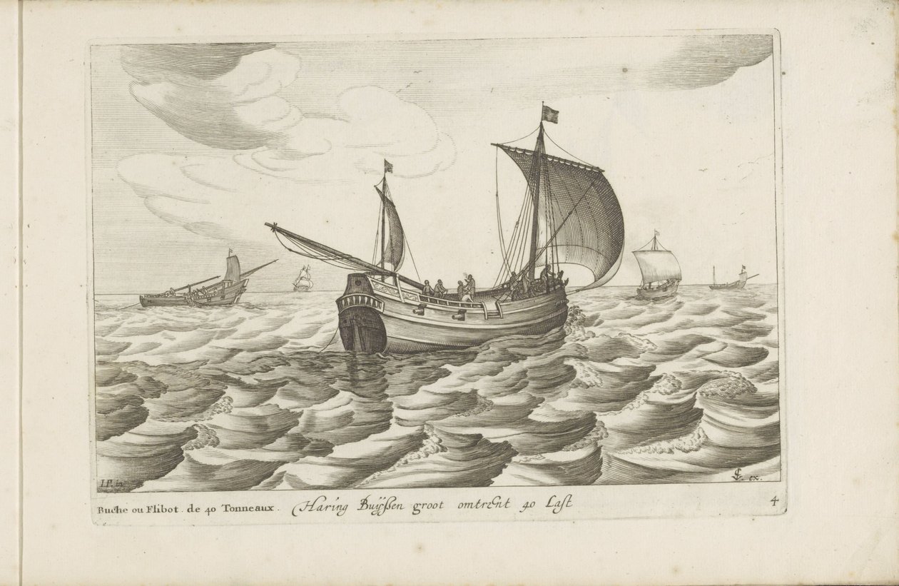 Haringbuizen Haring buyssen groot omkring 40 Last / Buche ou flibot de 40 tonneaux (titel på objekt) Forskellige skibe ses ikke på se sert dans les Provinces Unies af Robert de Baudous (possibly)
