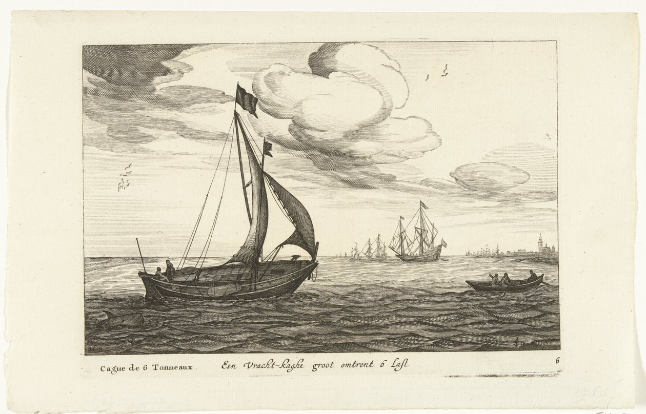 Vrachtkagen Een Vracht-kaghe groot omkring 6 Last / Cague de 6 Tonneaux (titel på objekt) Hollandse scheepstypen, 1627 (serietitel) Forskellige skibe Don ton se sert dans les United Provinces / Ikoner af forskellige hollandske skibe, hvis brug for det mest af Robert de Baudous (possibly)