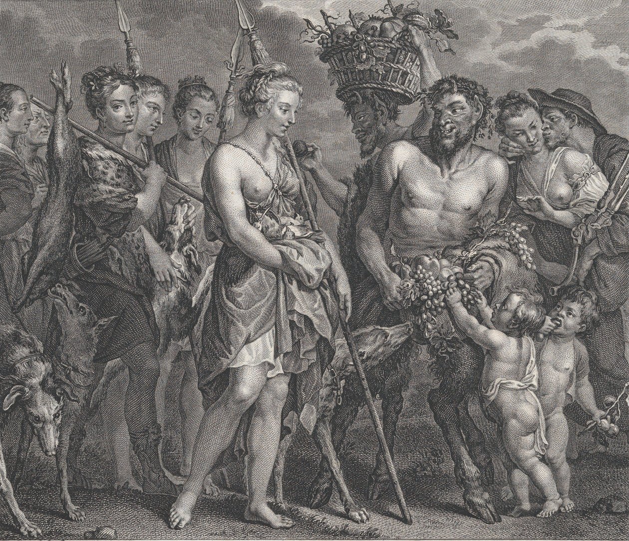 Diana vender tilbage fra jagten, ledsaget af hunde og hendes nymfer til venstre, to satyrer..., ca. 1808 af Robert de Launay
