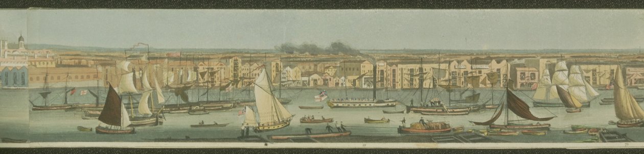 Panoramaudsigt over Themsen, fra dens sydbred ved Bermondsey, der viser Stepney, 1823 (akvatint) af Robert the Elder Havell