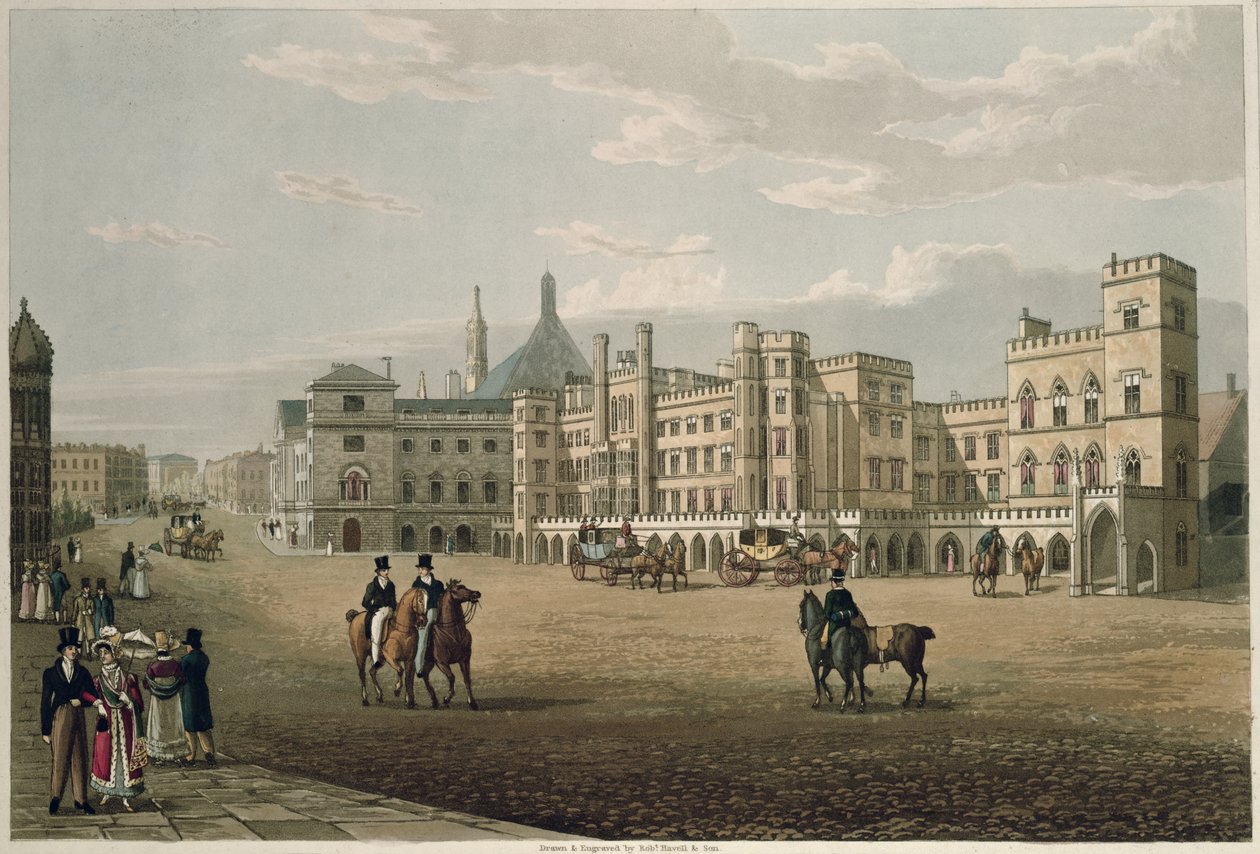 Udsigt over House of Lords and Commons, fra Old Palace Yard, pub. 1821 af Colnaghi und Co. (akvatint) af Robert the Elder and Younger Havell