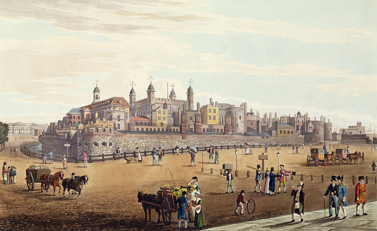 Udsigt over Tower of London og mynten, pub. af Colnaghi und Co, 1821 (farvet aquaint) af Robert the Elder and Younger Havell