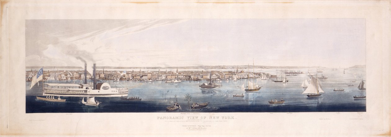 Panoramaudsigt over New York, taget fra nord [Hudson] River, 1844 (håndfarvet radering og akvatint, femte stat) af Robert the Younger Havell
