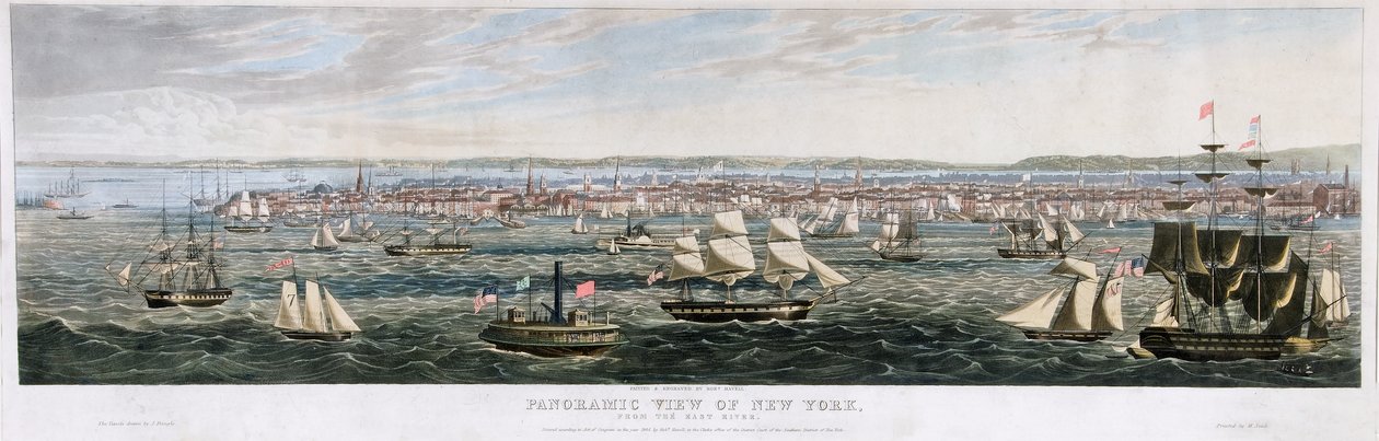 Panoramaudsigt over New York, fra East River, pub. 1844 (farve litho) af Robert the Younger Havell