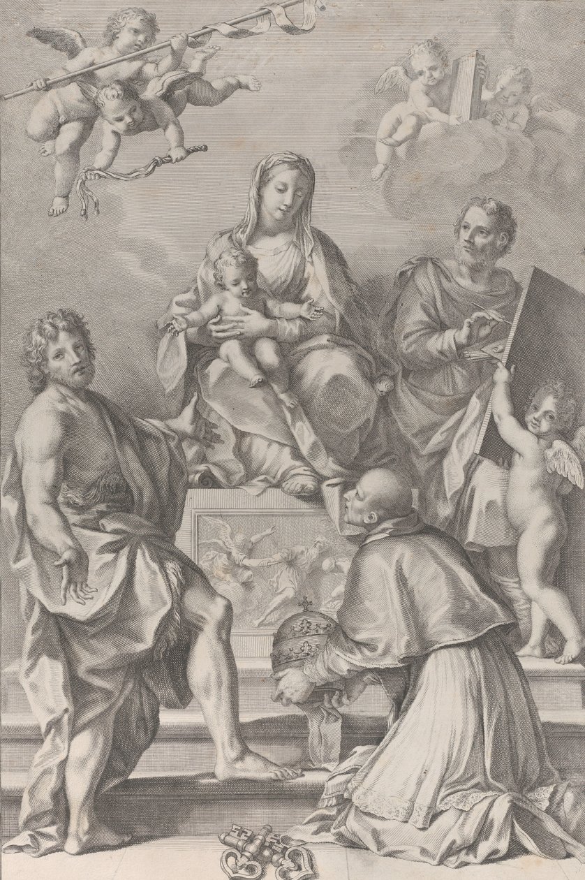 Madonna og barn i centrum med Johannes Døberen, Sankt Lukas, pave Peter Celestini,..., 1694. af Robert van Audenaerde