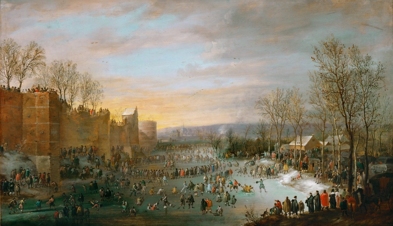 Patinage sur le Stadtgraben a Bruxelles Skøjteløb på Stadtgraben i Bruxelles - Robert Van den Hoecke (1622-1668). Olie på træ af Robert van den Hoecke