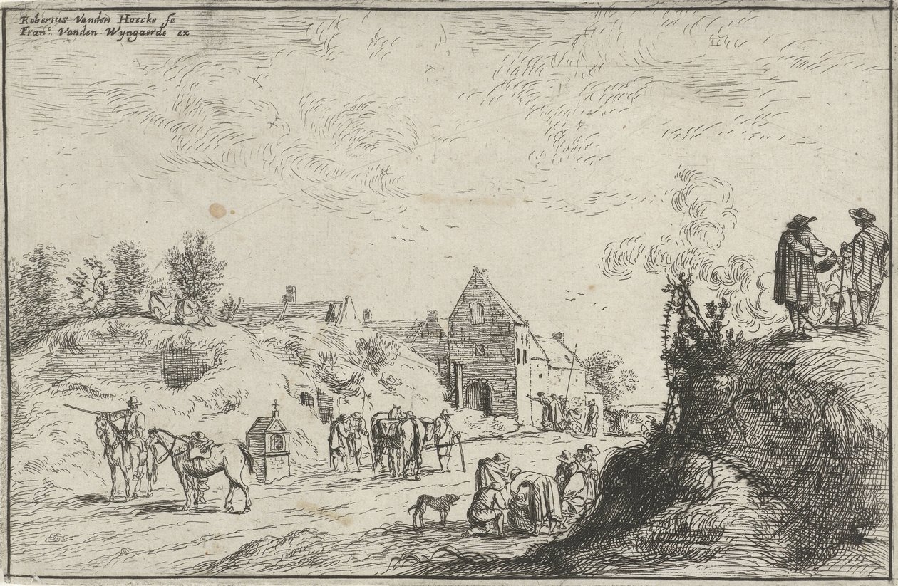Mange figurer på en sti nær en landsby af Robert van den Hoecke