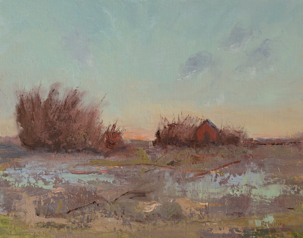 Granaries By The Slough, 2023 (olie på lærredspanel) af Roberta Murray