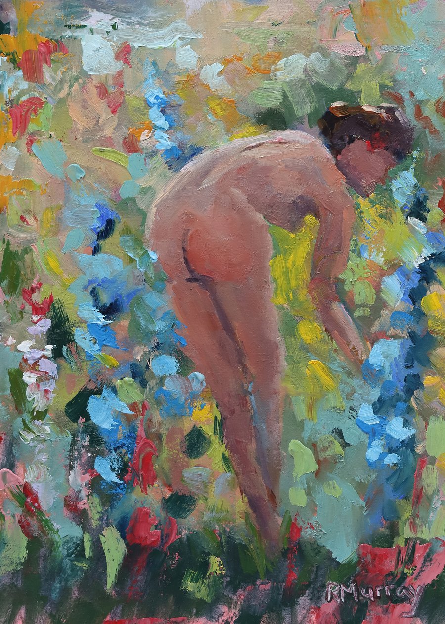 She Loved Her Delphiniums, 2023 (olie på papir) af Roberta Murray
