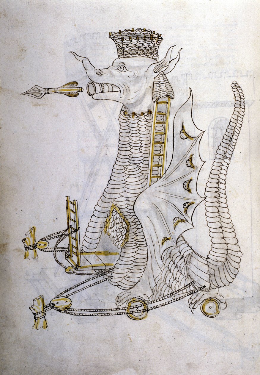 Krigskunst: undersøgelse af militærmaskiner. ""Arabica machina"", arabisk maskine til at belejre en by, illustration fra 
