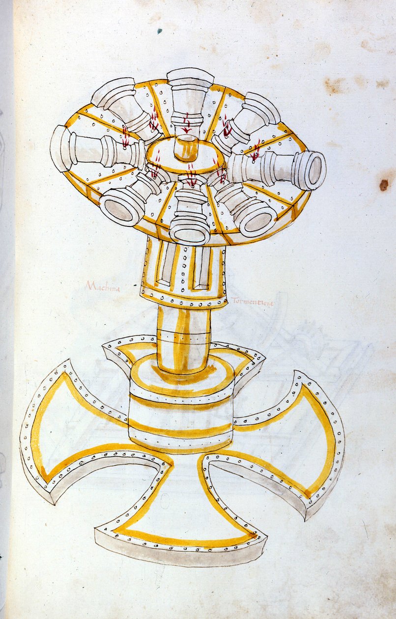 Krigskunst: undersøgelse af militærmaskiner. roterende kanon, illustration fra 