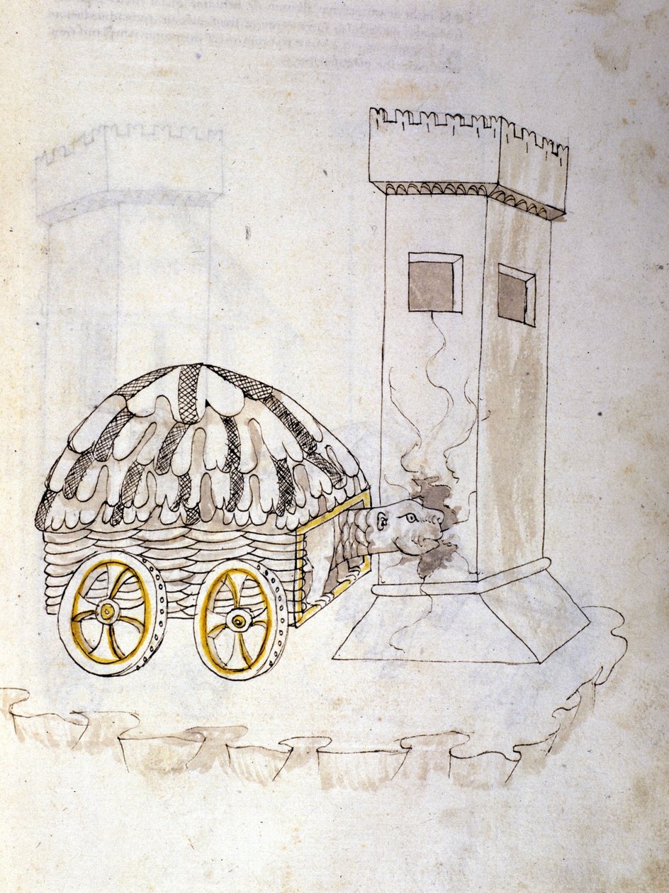 Krigskunst: undersøgelse af militærmaskiner. en maskine udstyret med karapace, der stormer et tårn, illustration fra 
