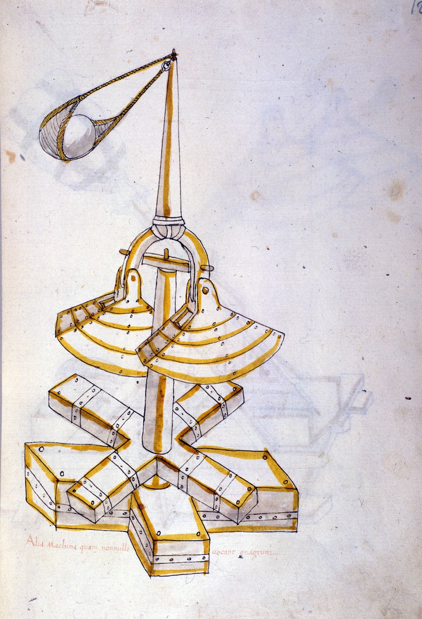 Krigskunst: undersøgelse af militærmaskiner. en roterende slangebøssemaskine, illustration fra 