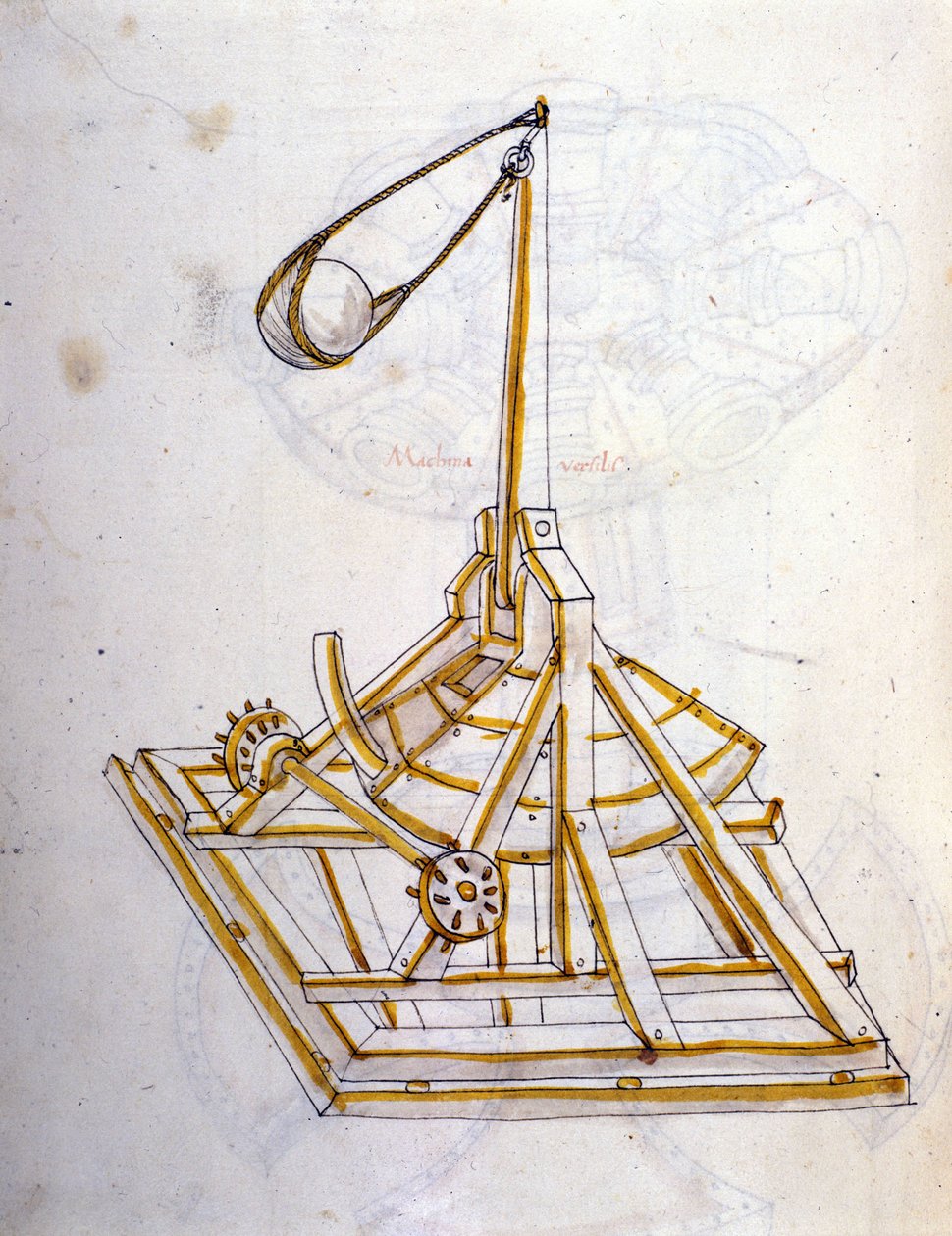 Krigskunst: undersøgelse af militærmaskiner. en roterende slangebøssemaskine, illustration fra 