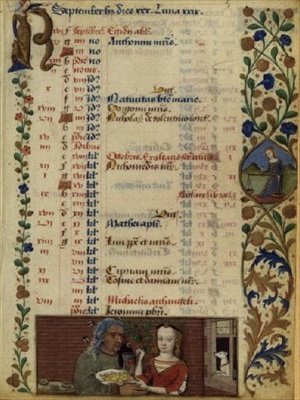 Ms lat 1173 f.5 september; to figurer med frugt, fra Charles dAngoulemes timer, c.1480 af Robinet Testard