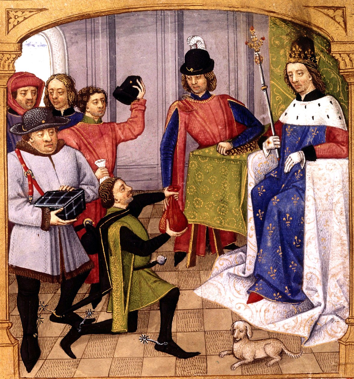 Fransk slægtning Philip V (1293-1322) modtager skat, belysning af Robinet Testard fra "Grandes Chroniques de France" 1471 af Robinet Testard