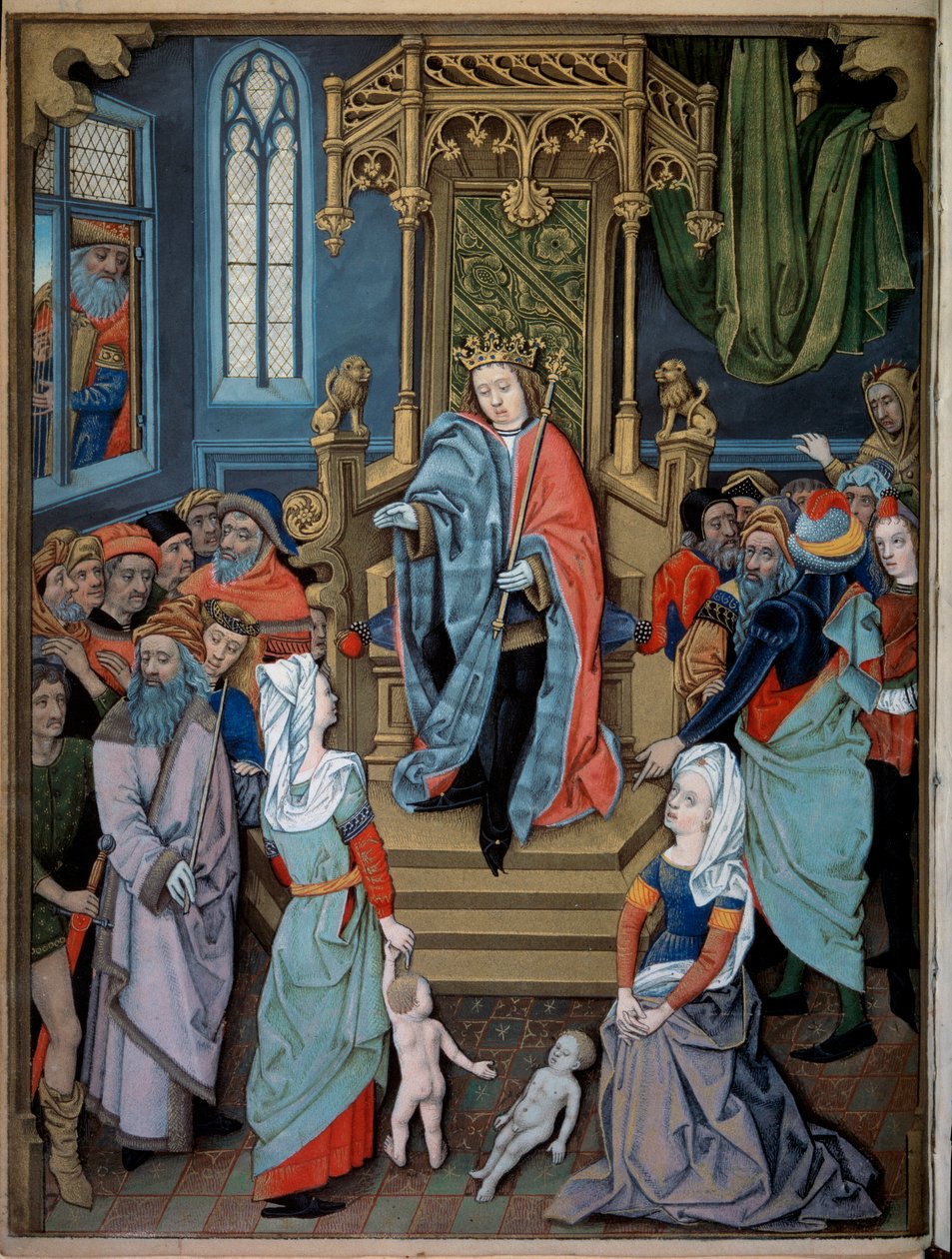Salomons dom To kvinder foregiver at være mor til det samme barn. Miniature taget fra "" Book of Hours af Charles d