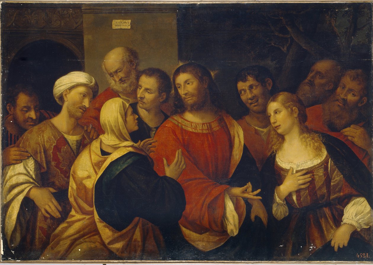 Kristus i Marthas og Marias hus. (Kristus i huset af Martha og Maria). Søstrene Marthe og Marie de Bethanie byder Jesus og hans disciple velkommen. Maleri af Rocco Marconi (ca. 1490-1529), olie på lærred. Italiensk kunst (Venedig) af Rocco Marconi